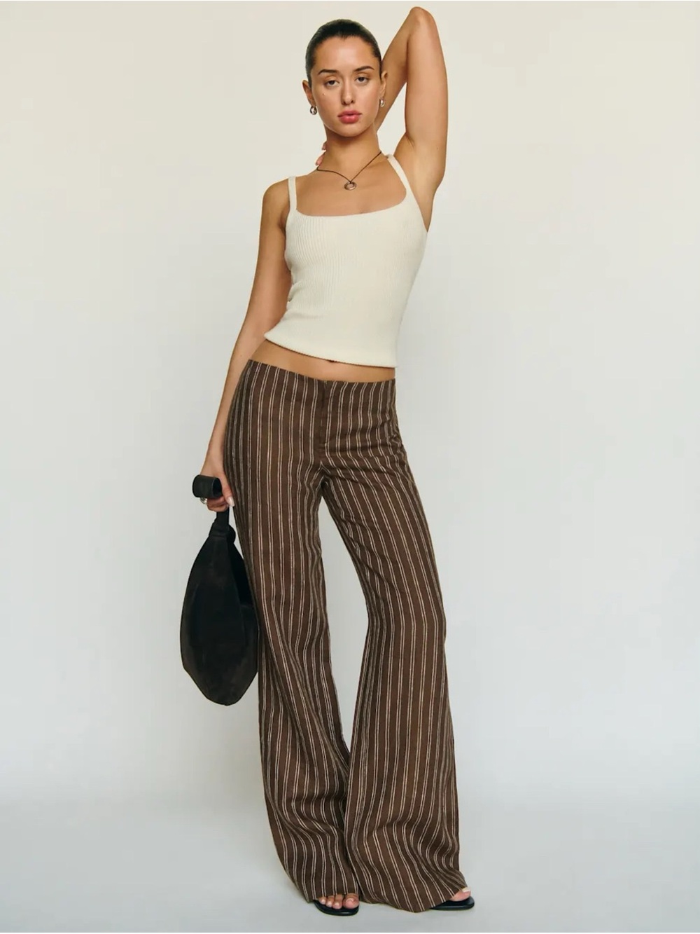 NWT Reformation Vida Linen Low-Rise Pants Brown Boardwalk Stripe 6